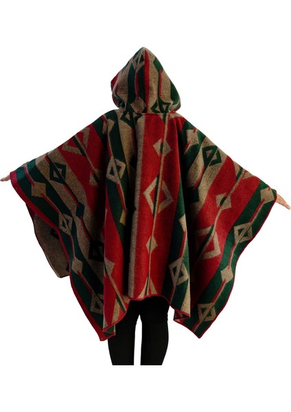 Yeşil Bej Kırmızı Etnik Tasarım Desenli Yünlü Sıcak Tutan Kapüşonlu Unisex Kampçı Panço Kışlık Şal modelleri
