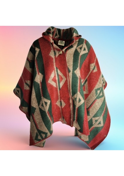 Yeşil Bej Kırmızı Etnik Tasarım Desenli Yünlü Sıcak Tutan Kapüşonlu Unisex Kampçı Panço Kışlık Şal fırsatları