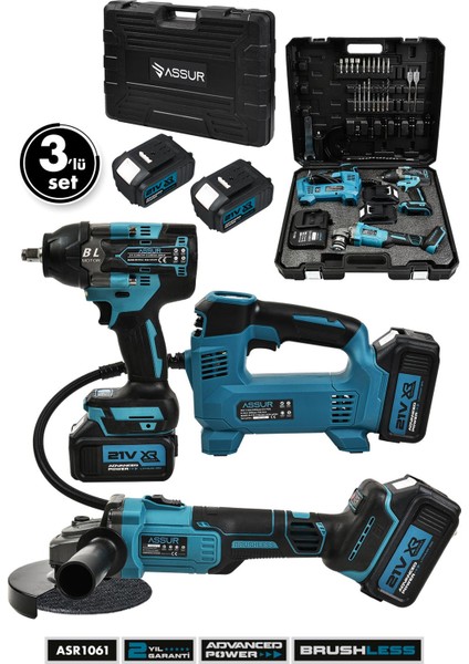 21V Çift Akü 3'lü Set 125MM Taşlama Hava Pompası 800NM Somun Sıkma Sökme Matkap