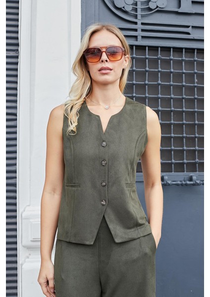 Kadın Süet Dokulu Kumaş Geniş Sıfır Yakalı Flato Cepli Yelek-Haki