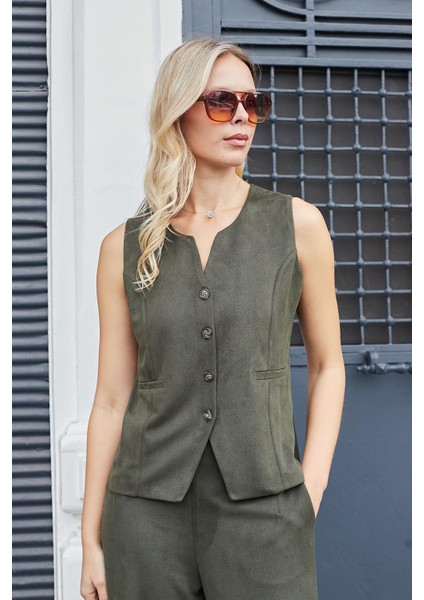 Kadın Süet Dokulu Kumaş Geniş Sıfır Yakalı Flato Cepli Yelek-Haki fiyatları