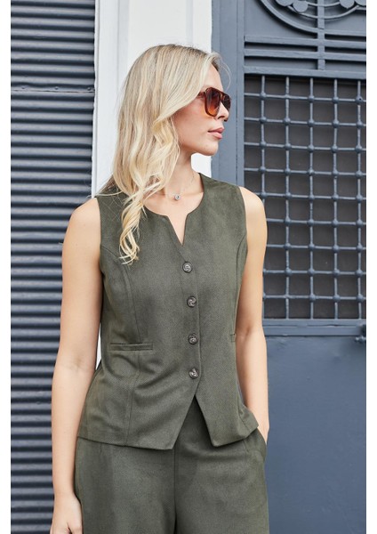 Kadın Süet Dokulu Kumaş Geniş Sıfır Yakalı Flato Cepli Yelek-Haki modelleri