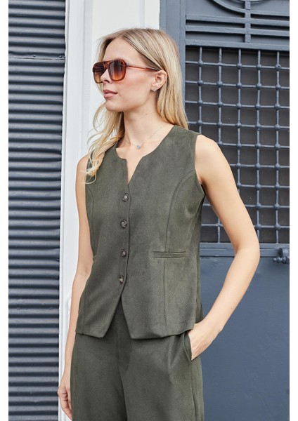 Kadın Süet Dokulu Kumaş Geniş Sıfır Yakalı Flato Cepli Yelek-Haki fırsatları