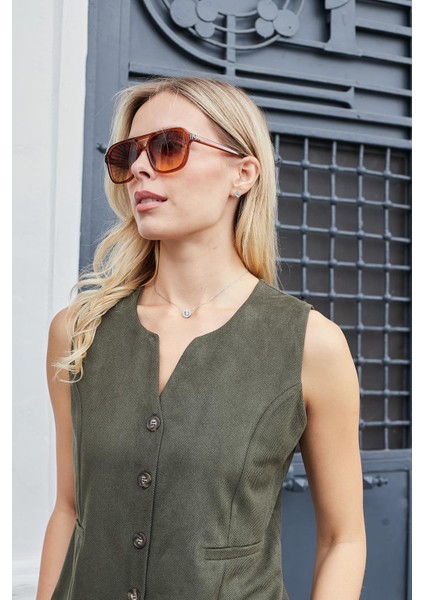 Kadın Süet Dokulu Kumaş Geniş Sıfır Yakalı Flato Cepli Yelek-Haki