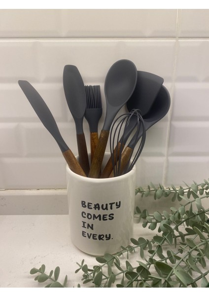 Ahşap Saplı Silikon Servis Seti Seramik Kaşıklık