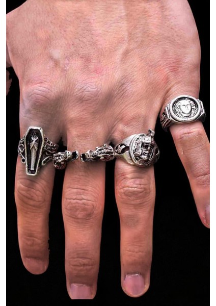 4 Adet 925 Ayar Gümüş Kaplama Ayarlanabilir El Yapımı Erkek Kadın Tabut Medusa Ejderha Yüzük Seti