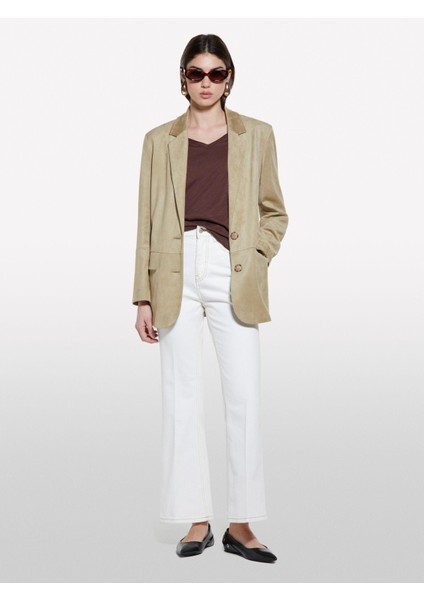 Pamuk Modal Karışımlı Normal Kalıp V Yaka Slub T-Shirt Kadın Kahverengi T-Shirt - 325P3TNHL4007