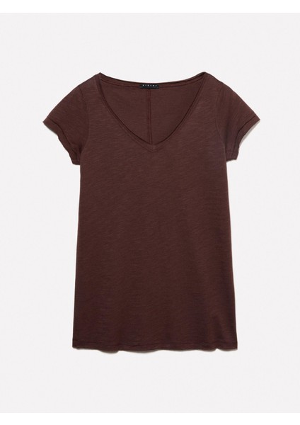 Pamuk Modal Karışımlı Normal Kalıp V Yaka Slub T-Shirt Kadın Kahverengi T-Shirt - 325P3TNHL4007 indirimleri
