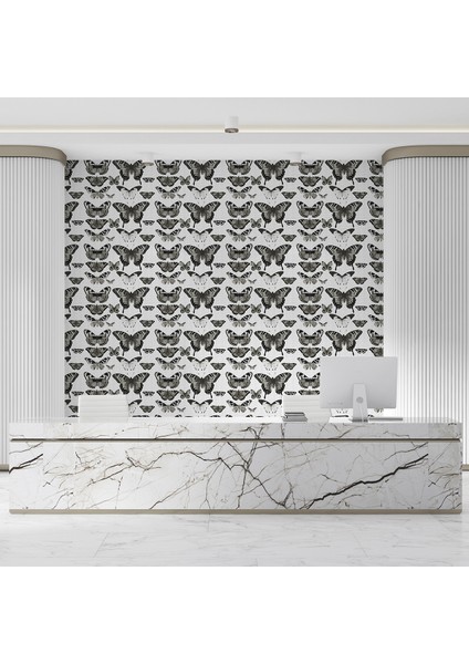 Siyah Beyaz Kelebek Desenli Duvar Kağıdı -Isı ve Ses Yalıtımı