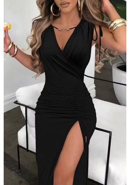 Kadın Sıfır Kollu V Yakalı Yırtmaç Detaylı Beli Büzgülü Omuzdan Bağcıklı Sandy Maxi Elbise