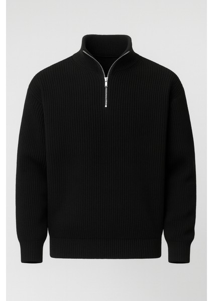 Nolan Oversize Selanik Örgü Yarım Fermuar Erkek Triko Kazak - Siyah