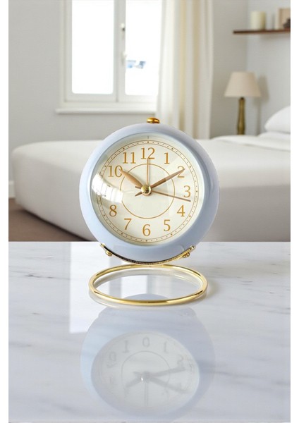 Yuvarlak Şık Tasarımlı Masa Saati Alarmlı Çalar Saat-Mavi