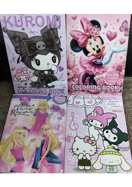4 Adet Stickerli Boyama Kitabı (Kuromi/hello Kitty/minnie/barbie Figürlü)