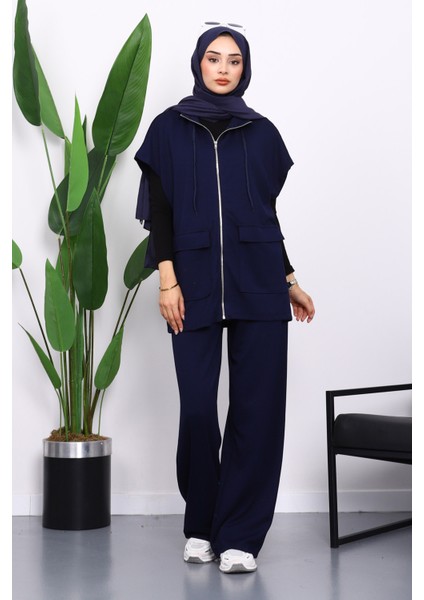 Lacivert Fermuarlı Çift Cepli Modal Yelek Pantolonlu Takım