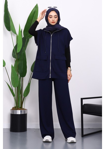 Lacivert Fermuarlı Çift Cepli Modal Yelek Pantolonlu Takım fiyatları