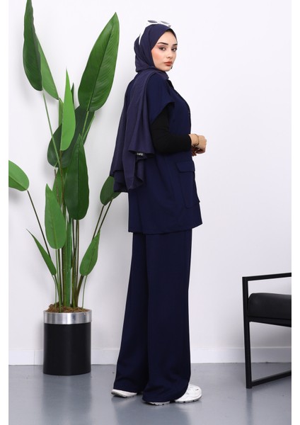 Lacivert Fermuarlı Çift Cepli Modal Yelek Pantolonlu Takım modelleri