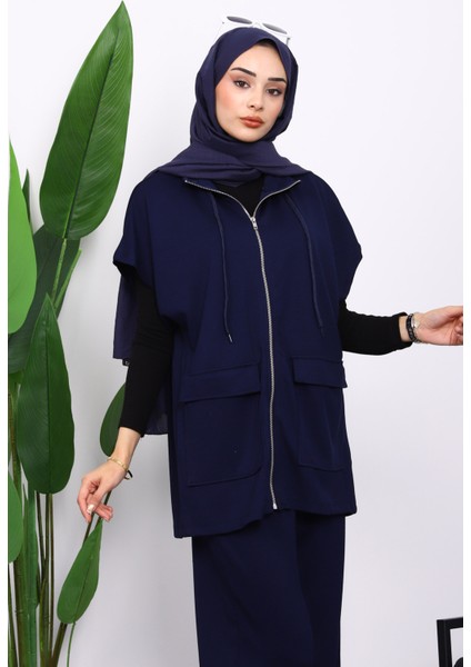 Lacivert Fermuarlı Çift Cepli Modal Yelek Pantolonlu Takım fırsatları