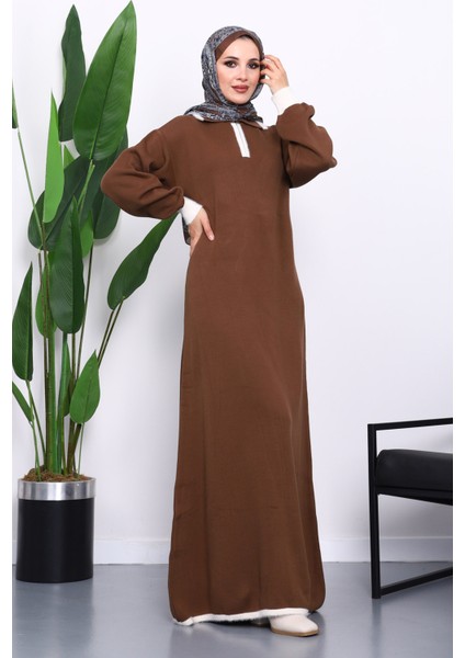 Kahverengi Gömlek Yaka Fermuarlı Triko Elbise