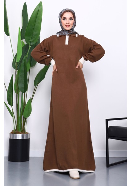 Kahverengi Gömlek Yaka Fermuarlı Triko Elbise fiyatları