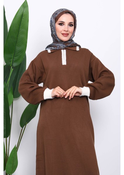 Kahverengi Gömlek Yaka Fermuarlı Triko Elbise modelleri