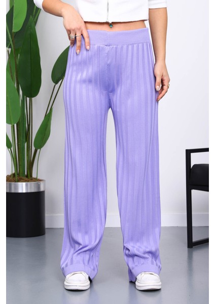 Lila Yüksek Bel Fitilli Bol Paça Triko Pantolon