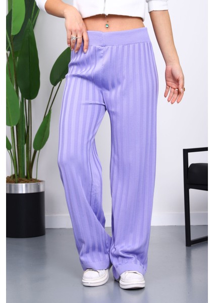 Lila Yüksek Bel Fitilli Bol Paça Triko Pantolon fiyatları