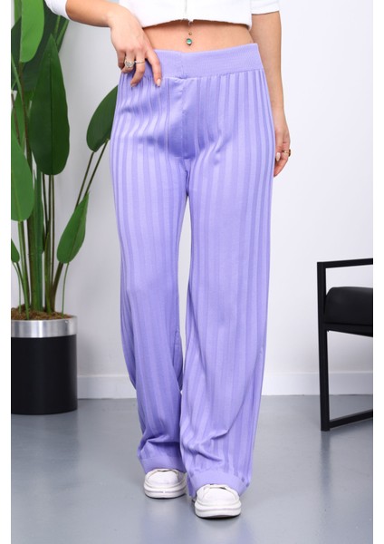 Lila Yüksek Bel Fitilli Bol Paça Triko Pantolon modelleri