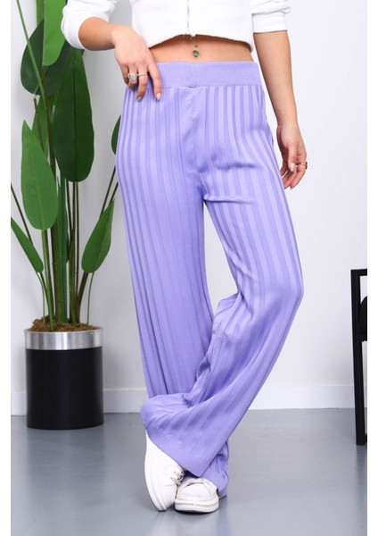 Lila Yüksek Bel Fitilli Bol Paça Triko Pantolon fırsatları