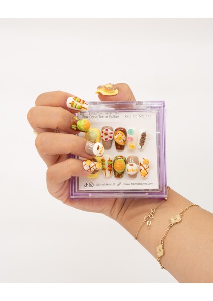 10'lu Renkli Orta Balerin TT1412 Tekrar Kullanılabilir El Yapımı Protez Takma Tırnak - Renkli-S