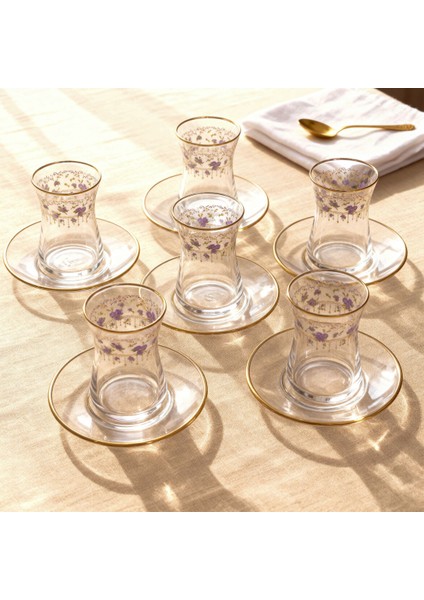 Güral Cam 12 Parça 6 Kişilik Çay Takımı Mor Çiçek