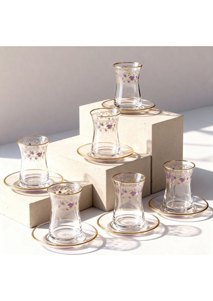 Güral Cam 12 Parça 6 Kişilik Çay Takımı Mor Çiçek fiyatları