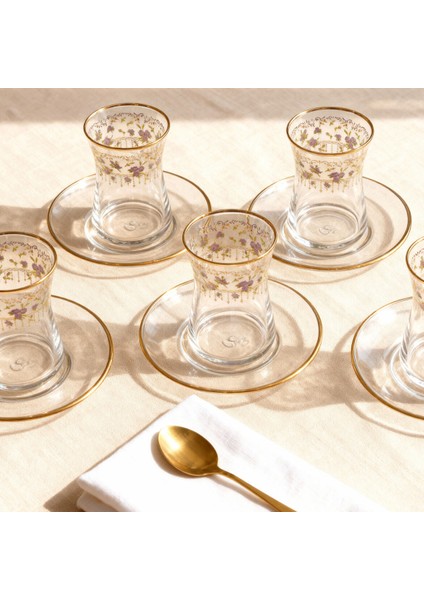 Güral Cam 12 Parça 6 Kişilik Çay Takımı Mor Çiçek modelleri