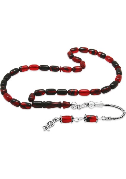 925 Ayar Gümüş Püsküllü Kapsül Kesim Mini Boy Kırmızı Siyah Ateş Kehribar Tesbih