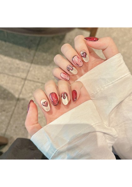 10'lu Pembe Kısa Oval TT1131 Tekrar Kullanılabilir El Yapımı Protez Takma Tırnak - Pembe-M