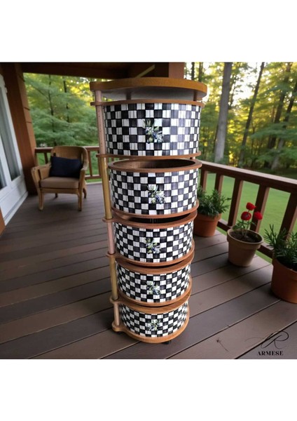 5 Katlı Ahşap Sebzelik Damalı Naturel Gıdaya Uygun Kaliteli Mdf Modern Zeytinli