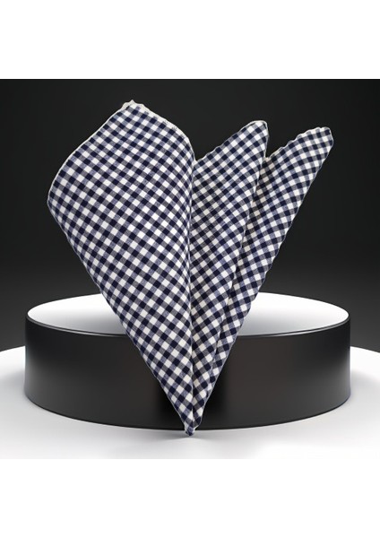 Lacivert Beyaz Pötikareli Pamuk Dokuma Cep Aksesuarı Yaka Mendili