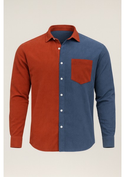 Kontrast Çift Renk Fitilli Kadife Gömlek - Açık Kiremit