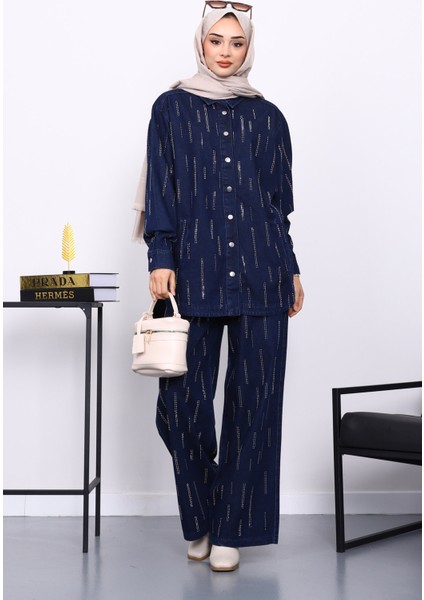 Lacivert Taşlı Gömlek Pantolonlu Kot Takım