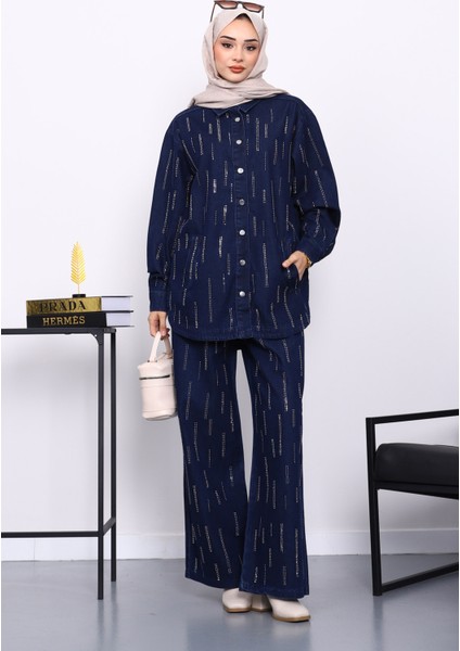 Lacivert Taşlı Gömlek Pantolonlu Kot Takım fiyatları