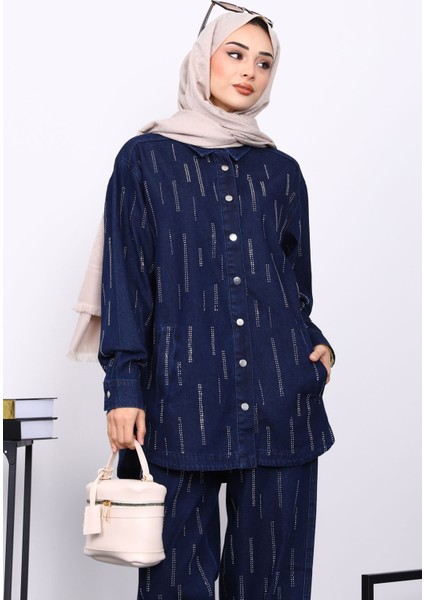 Lacivert Taşlı Gömlek Pantolonlu Kot Takım modelleri