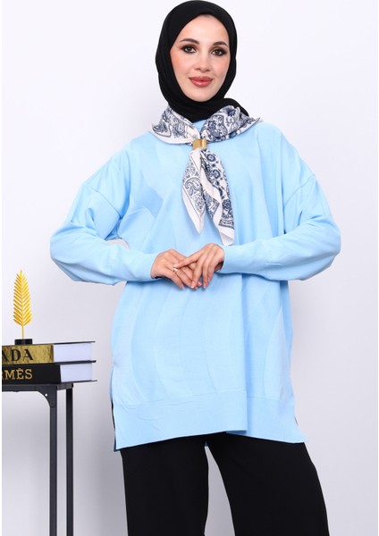 Bebe Mavi Bisiklet Yaka Soğuk İplik Triko Tunik