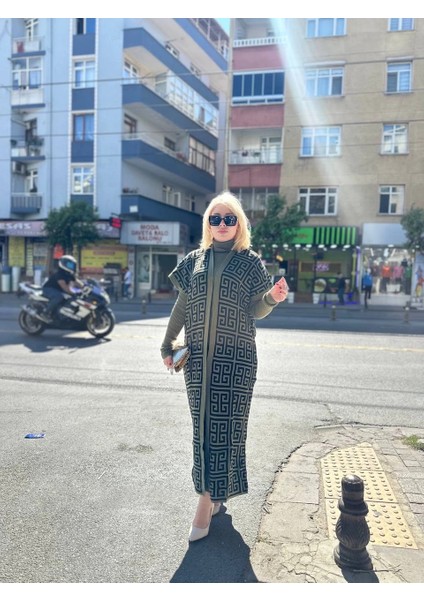 Siyah Çizgi Desenli Elbiseli Hırka Triko Takım Haki