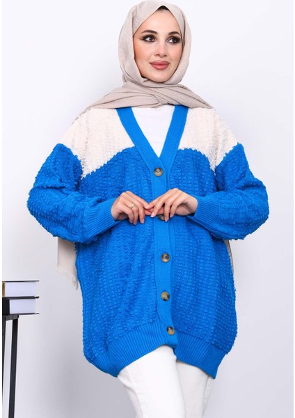 Mavi V Yaka Düğmeli Triko Hırka modelleri