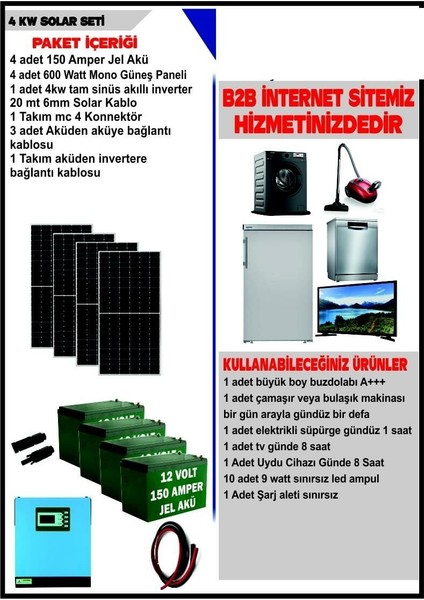 Solar 4 Kw Set- 2400WATT Panel - 600 Amper Jel Akü - 4000 Watt Akıllı Tam Sinüs Inverter