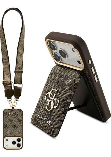 iPhone 17 Pro Uyumlu Kılıf Guess Lisanslı M-Safeli Askılı ve 4g Logo Kartlıklı Kapak Kahverengi