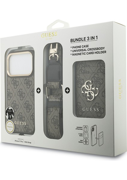 iPhone 17 Pro Uyumlu Kılıf Guess Lisanslı M-Safeli Askılı ve 4g Logo Kartlıklı Kapak Kahverengi