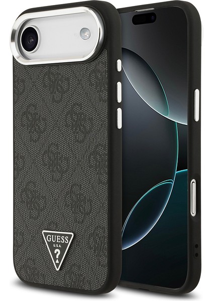 iPhone 17 Air Kılıf Guess Lisanslı M-Safeli Gümüş Kamera Çerçeveli Üçgen Logo 4g Desenli Siyah