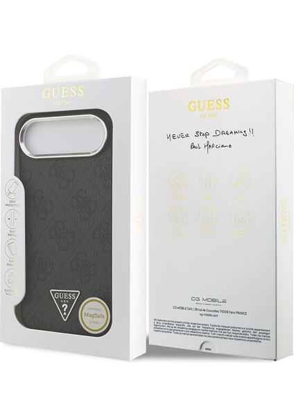 iPhone 17 Air Kılıf Guess Lisanslı M-Safeli Gümüş Kamera Çerçeveli Üçgen Logo 4g Desenli Siyah