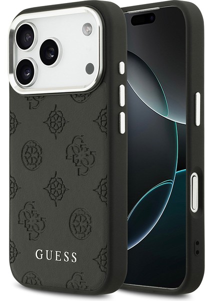iPhone 17 Pro Kılıf Guess Lisanslı M-Safeli Sıcak Baskılı Klasik Yazı Logolu Pu Deri Peony Siyah