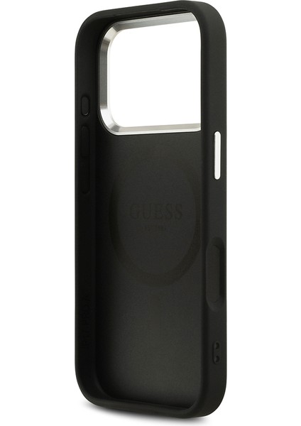 iPhone 17 Pro Kılıf Guess Lisanslı M-Safeli Sıcak Baskılı Klasik Yazı Logolu Pu Deri Peony Siyah